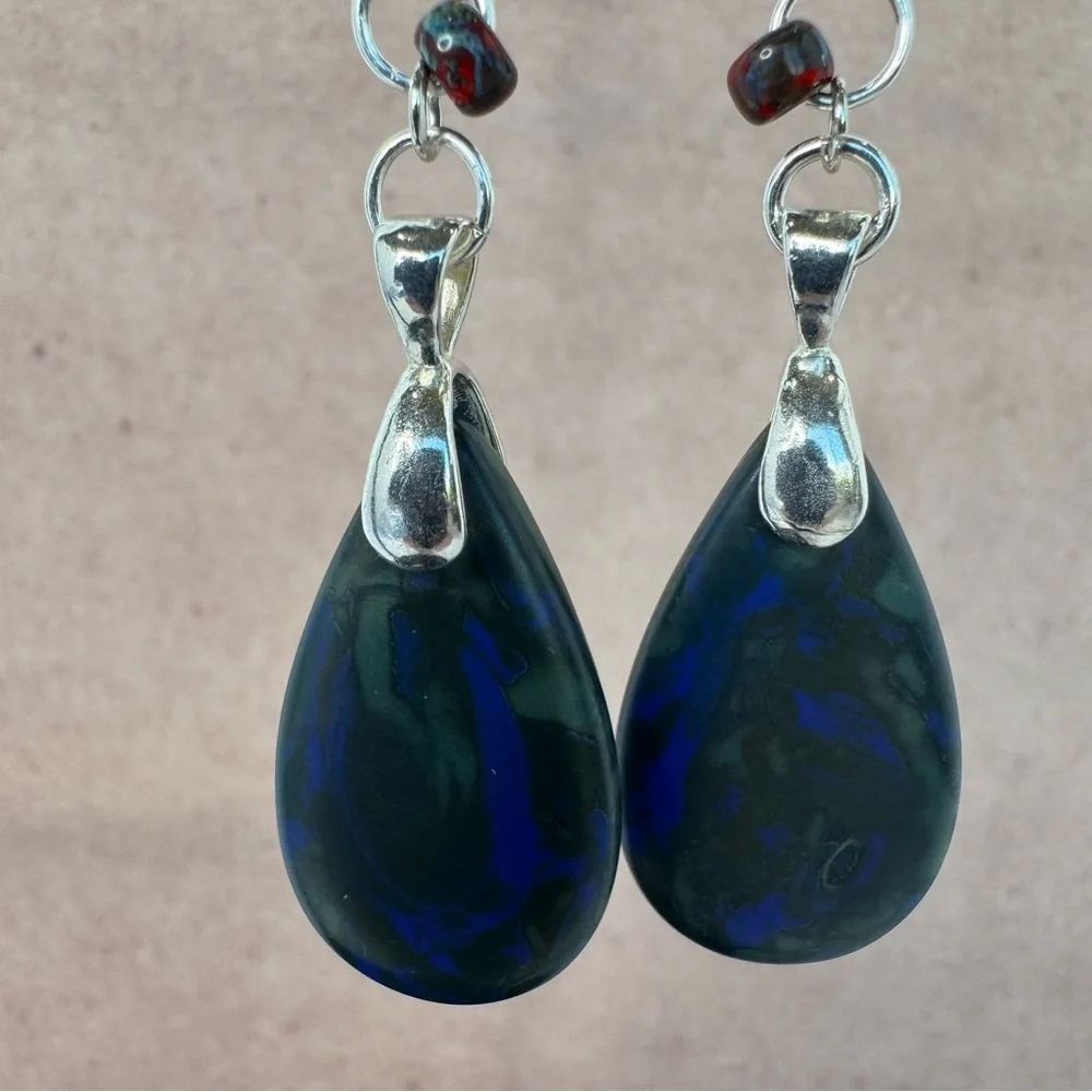 HAND CRAFTED Czech Glass Teardrop EARRINGS Matte Cobalt Blue Picasso NWT